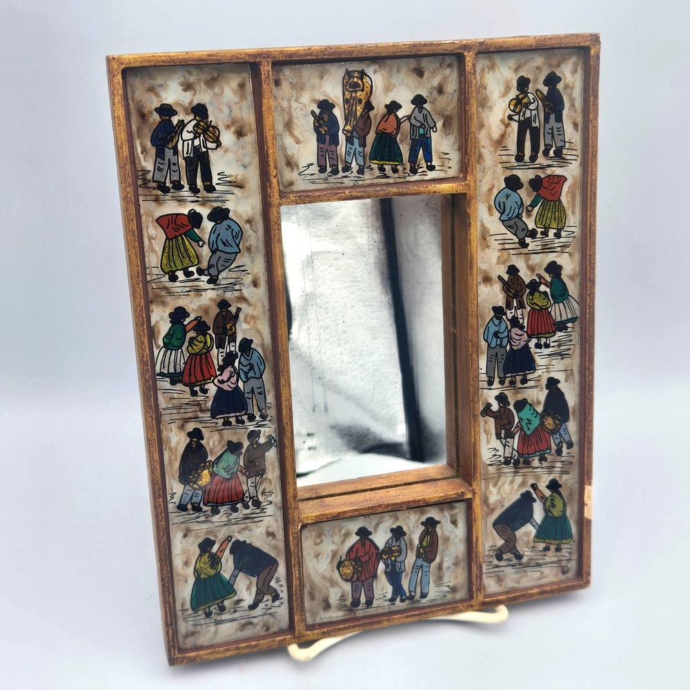 Vintage Peruvian Folk Art Reverse Painted Glass Mirror Wall Art Andean Life